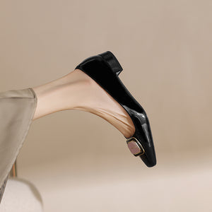 Patent Chic Square Toe Low Heel Single Shoes