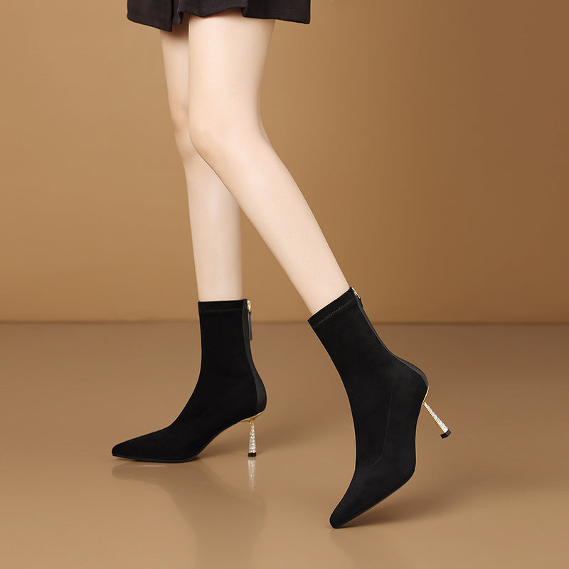 Chic Suede Pointed Toe Zip High Heel Boots