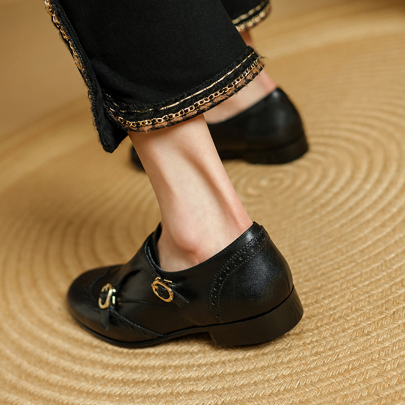 Autumn Chic Leather Brogue Buckle Flats