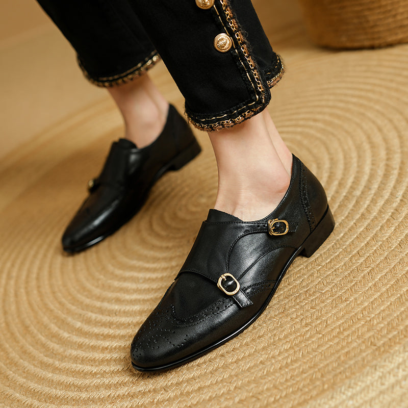 Autumn Chic Leather Brogue Buckle Flats