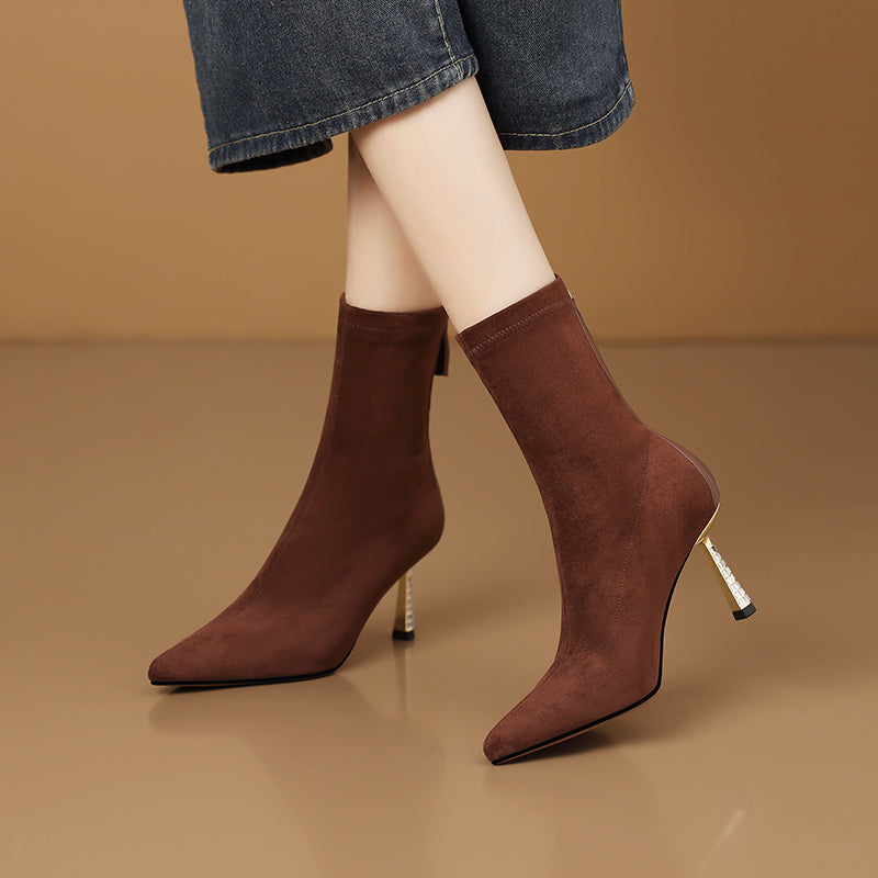 Chic Suede Pointed Toe Zip High Heel Boots