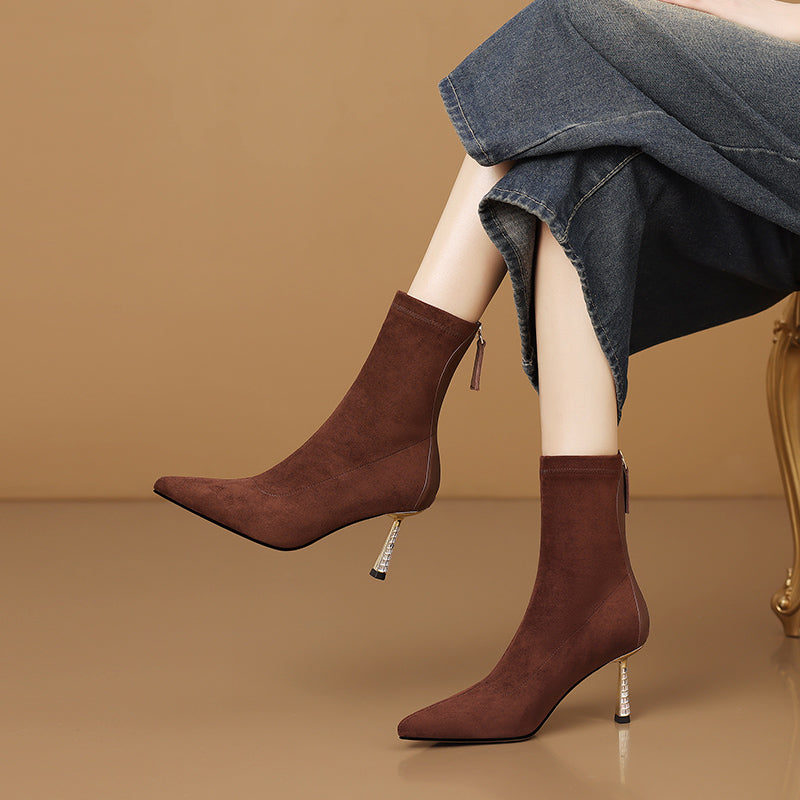 Chic Suede Pointed Toe Zip High Heel Boots