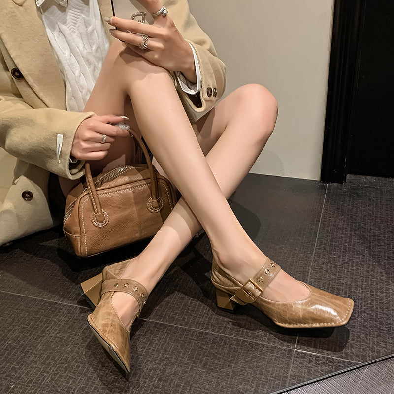 Chic LeatherLux Square Toe Thick Heels