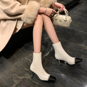 ChicZip Solid Leather Square Toe High Heel Boots