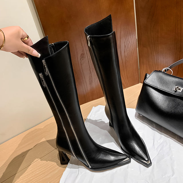 Luxury Leather Pointed Toe Tall Boots