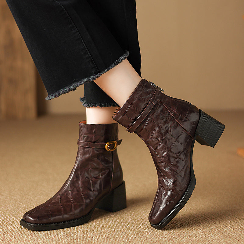 Elegant Cow Leather Square Toe Block Heel Boots