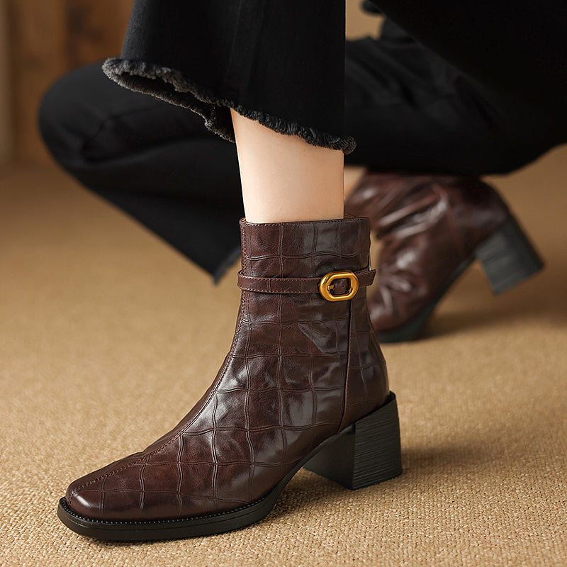 Elegant Cow Leather Square Toe Block Heel Boots