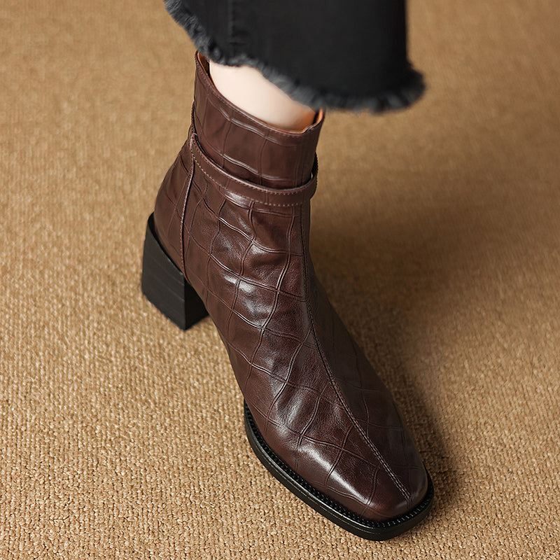 Elegant Cow Leather Square Toe Block Heel Boots