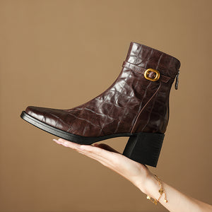 Elegant Cow Leather Square Toe Block Heel Boots