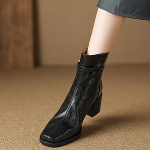 Elegant Cow Leather Square Toe Block Heel Boots