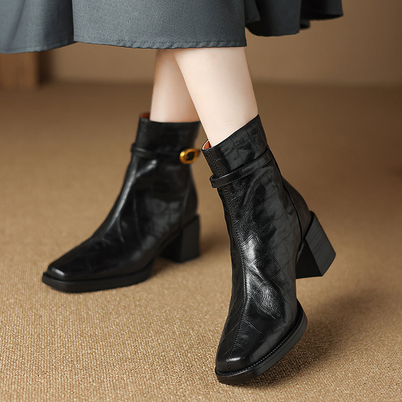 Elegant Cow Leather Square Toe Block Heel Boots