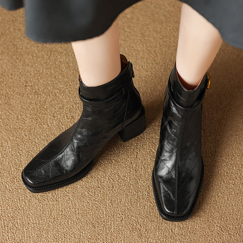 Elegant Cow Leather Square Toe Block Heel Boots