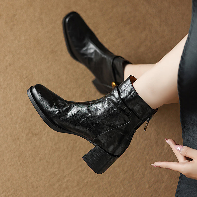 Elegant Cow Leather Square Toe Block Heel Boots