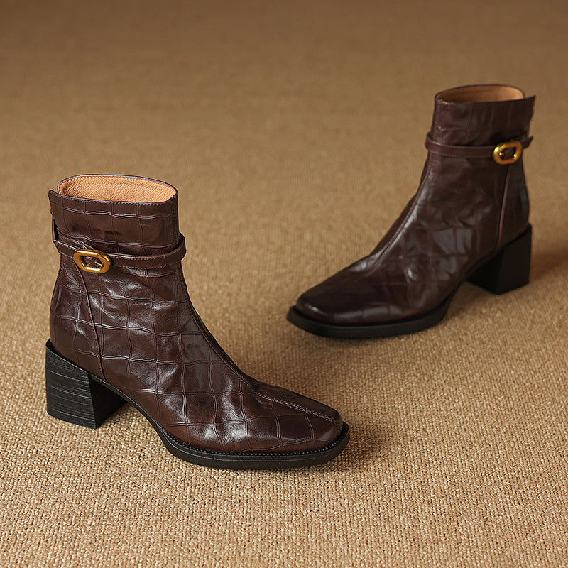 Elegant Cow Leather Square Toe Block Heel Boots