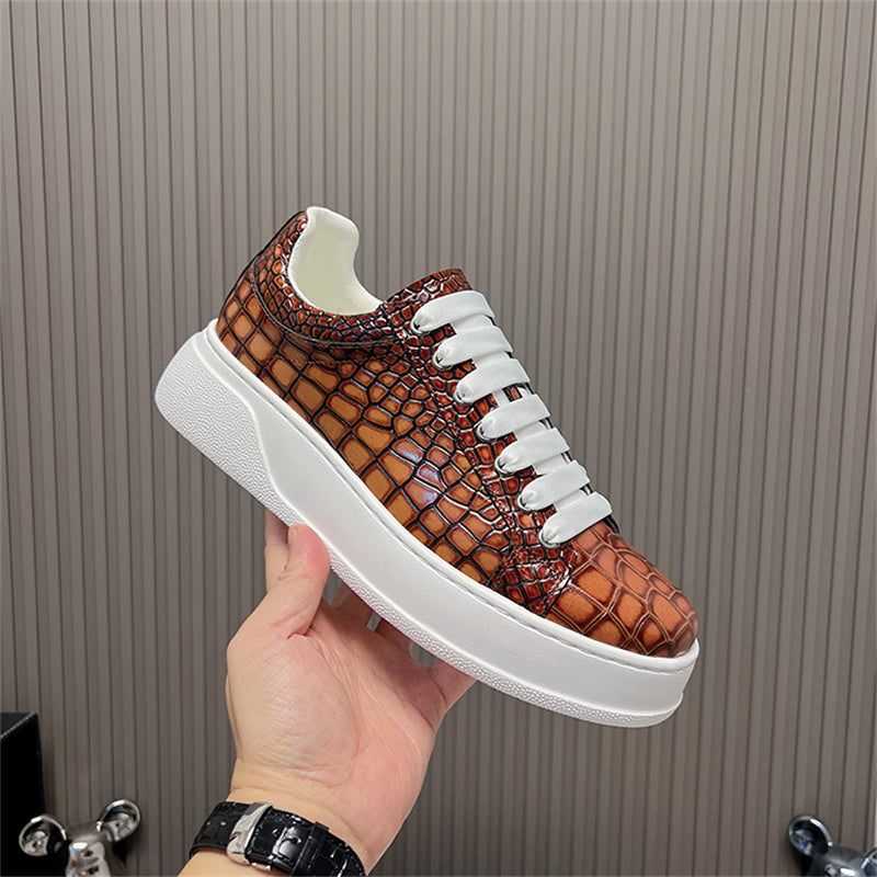 LuxeCroco Platform Lace-up Stitching Exotic Sneakers