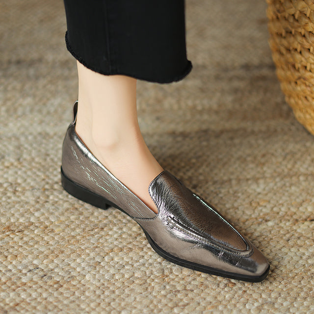 ElegantLux Cow Leather Square Toe Flat Shoes