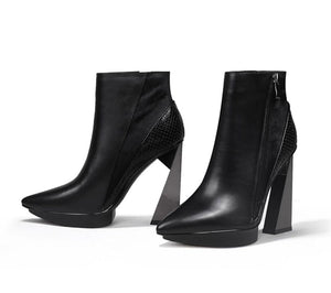 ChicLux Leather Pointed Toe Platform Ankle Boots