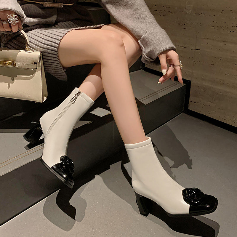 LeatherLux ExoticLuxe Texture Square Heel Ankle Boots