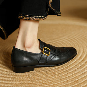 Autumn Chic Leather Brogue Buckle Flats