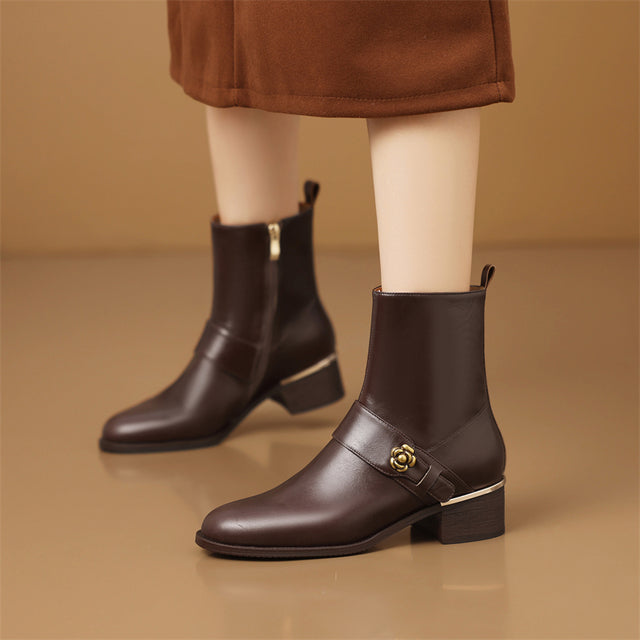 LeatherLux Chic Round Toe Winter Boots