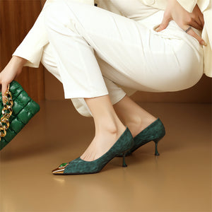 CrocoGlam Square Toe Slip-On Metal Heel Pumps