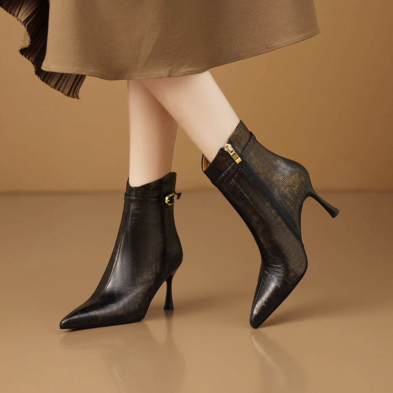 Chic Cowhide Pointed Toe Leather Boots