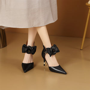 Chic Cow Leather Buckle Flower Slingback Heels