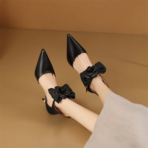 Chic Cow Leather Buckle Flower Slingback Heels