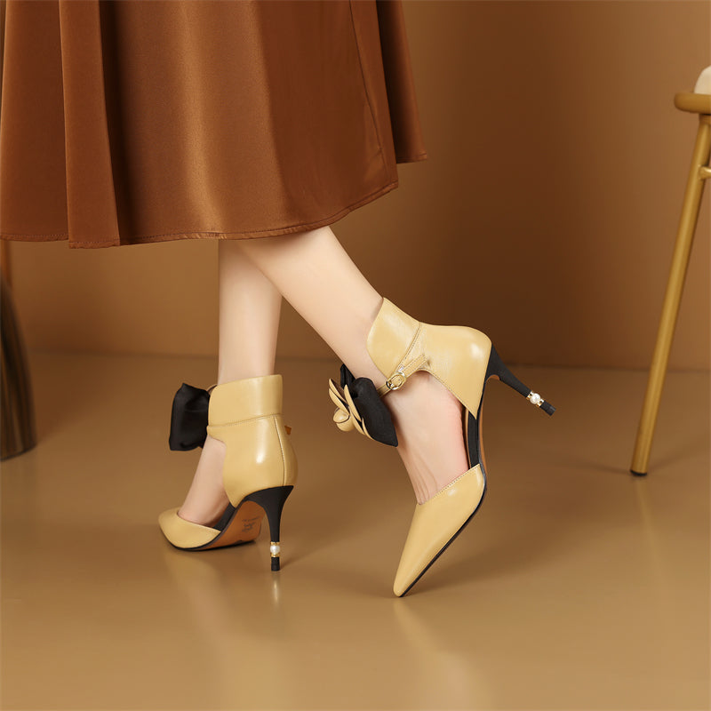 Chic Cow Leather Buckle Flower Slingback Heels