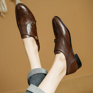 Autumn Chic Leather Brogue Buckle Flats