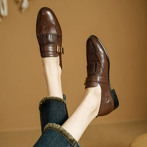 Autumn Chic Leather Brogue Buckle Flats