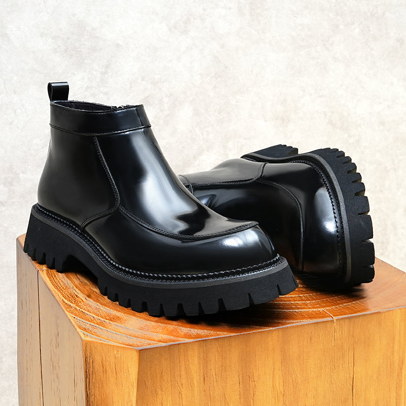 Elegant Leather Round Toe Slip On Chelsea Ankle Boots