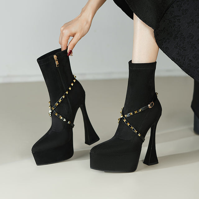 AlliChic Pointed Toe Platform Heel Ankle Boots