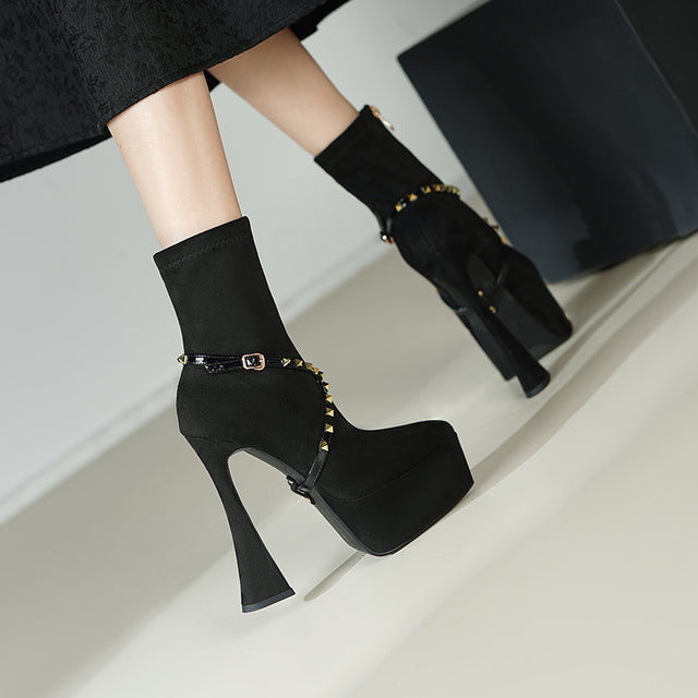 AlliChic Pointed Toe Platform Heel Ankle Boots