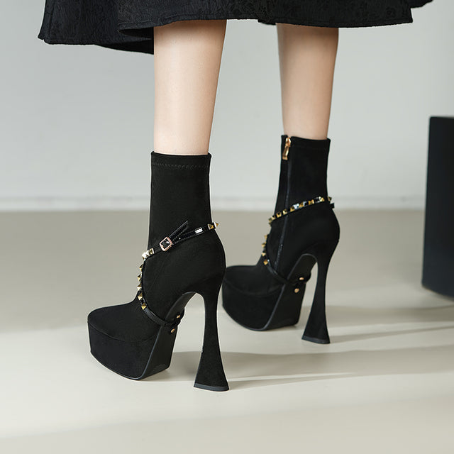 AlliChic Pointed Toe Platform Heel Ankle Boots