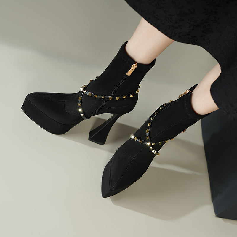 AlliChic Pointed Toe Platform Heel Ankle Boots