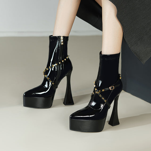 AlliChic Pointed Toe Platform Heel Ankle Boots