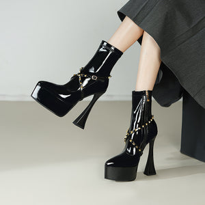 AlliChic Pointed Toe Platform Heel Ankle Boots