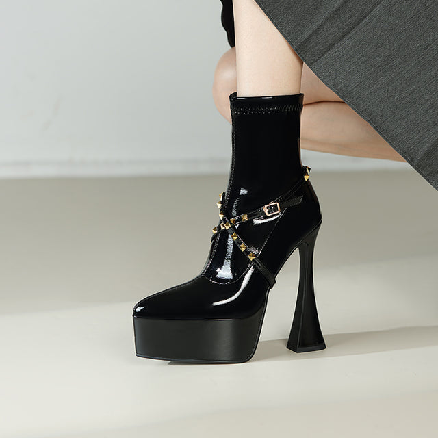 AlliChic Pointed Toe Platform Heel Ankle Boots