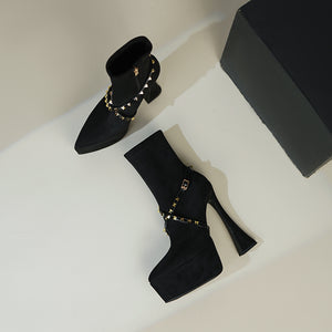 AlliChic Pointed Toe Platform Heel Ankle Boots