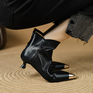 ChicZip Solid Leather Pointed Toe High Heel Boots