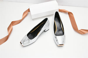 CrocoGlam Square Toe Slip-On Metal Heel Pumps