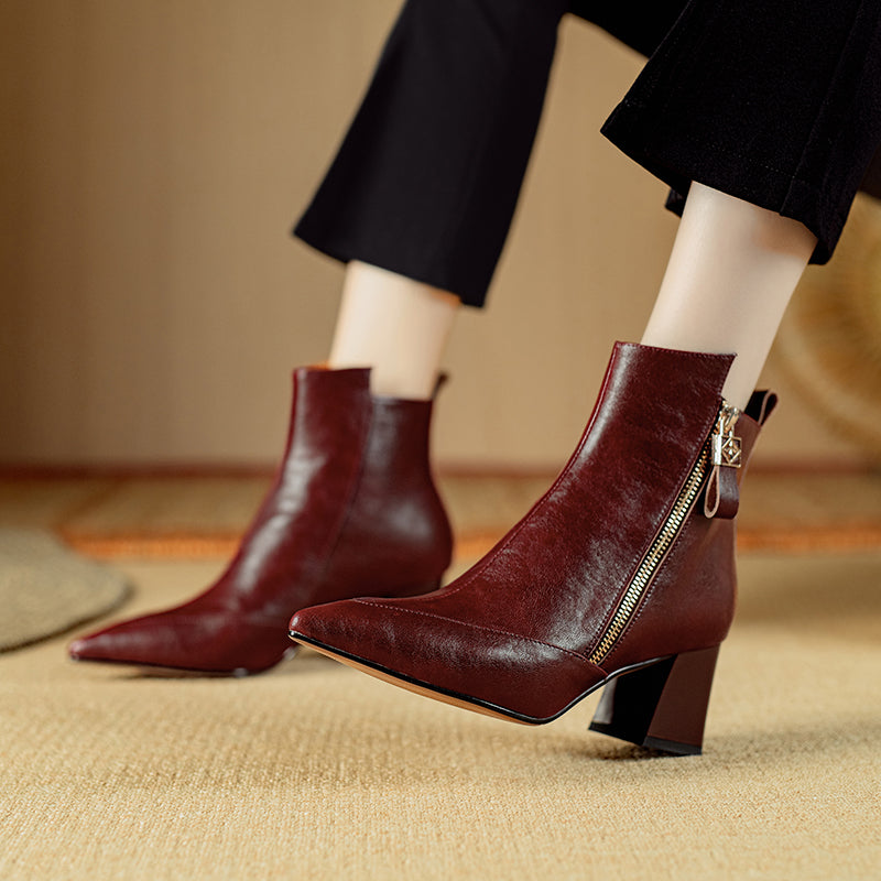 Chic Cow Leather Pointed Toe High Heeled Boots