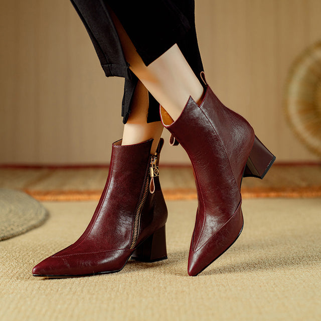 Chic Cow Leather Pointed Toe High Heeled Boots