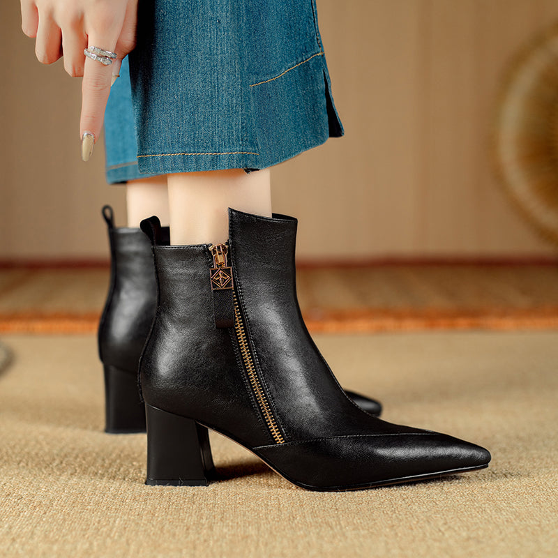 Chic Cow Leather Pointed Toe High Heeled Boots