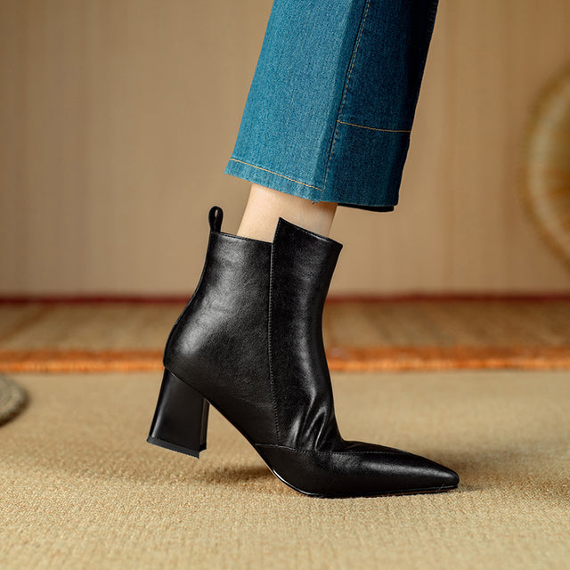 Chic Cow Leather Pointed Toe High Heeled Boots