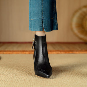 Chic Cow Leather Pointed Toe High Heeled Boots