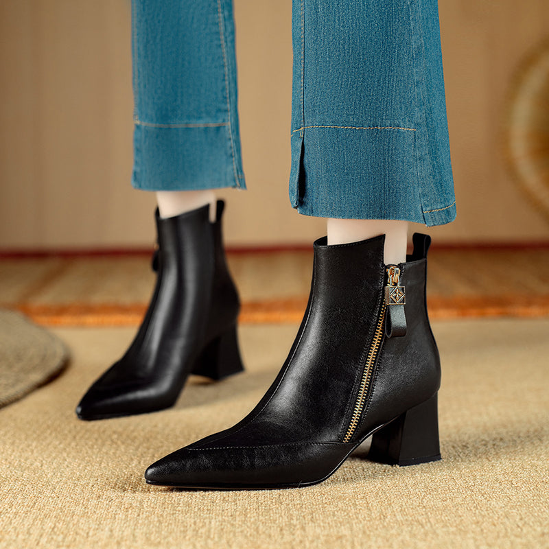 Chic Cow Leather Pointed Toe High Heeled Boots