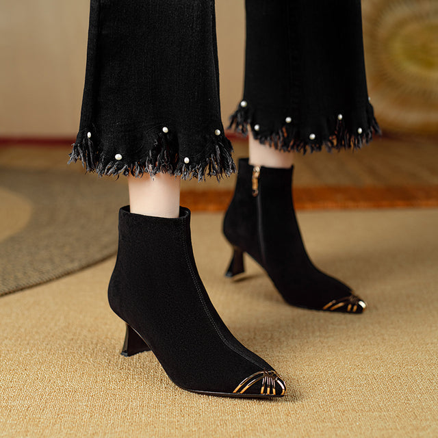 ChicZip Solid Leather Pointed Toe High Heel Boots