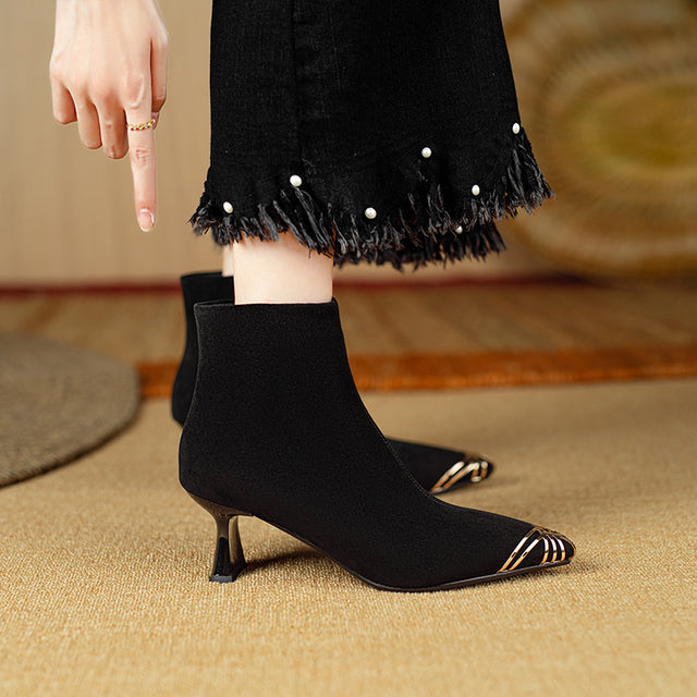 ChicZip Solid Leather Pointed Toe High Heel Boots